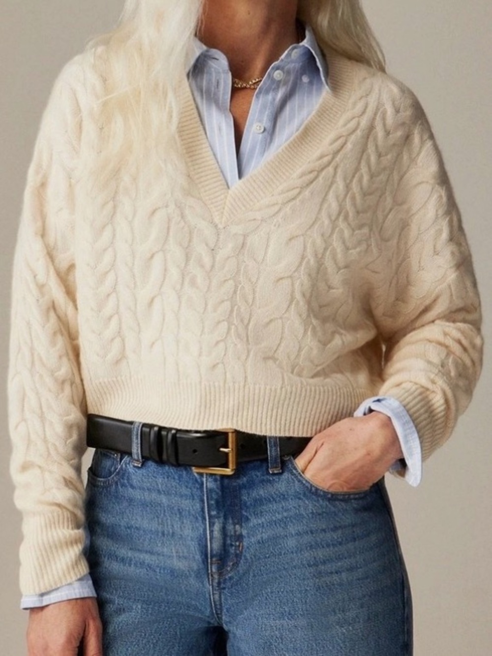 J. Crew Cashmere Cream Cable V-Neck Cropped Sweater